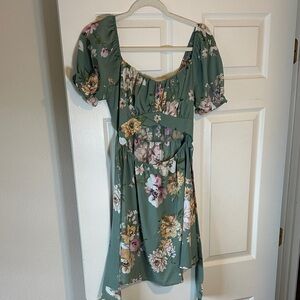 Floral Puff-Sleeve Mini Dress in Sage Green